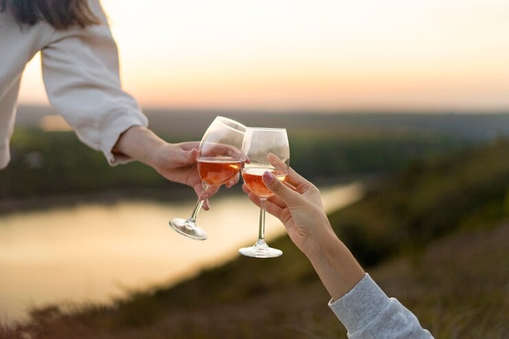 Duas pessoas fazendo um brinde com taças de vinhos rosés em um pôr do sol