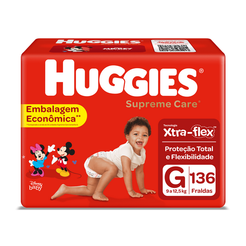 Embalagem econômica de fralda Huggies Supreme Care tamanho G com 136 unidades