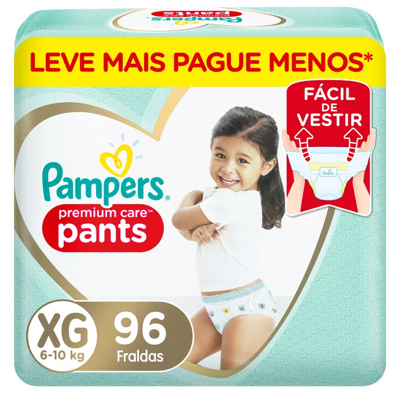 Embalagem de fralda-calça Pampers Premium Care Pants tamanho XG com 96 unidades