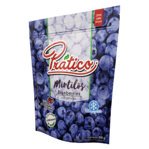 Embalagem de mirtilos congelados da marca Prático com design azul e zíper abre e fecha, contendo 300g.