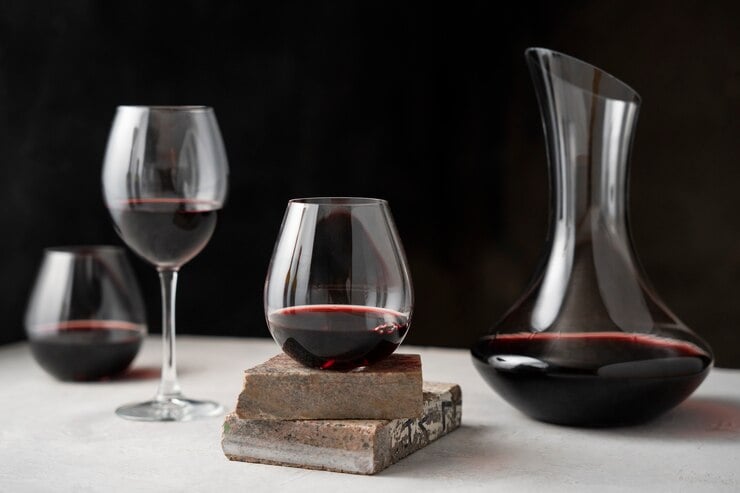 Decantador com copos e taça de vinho tinto no arranjo de mesa.