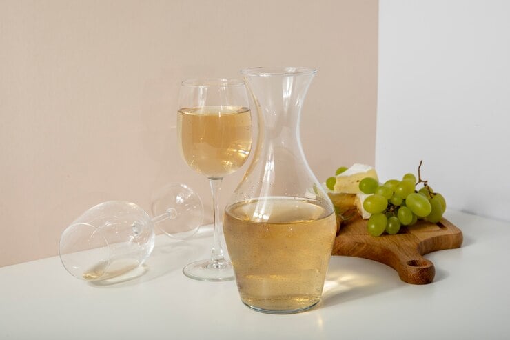 Vinho branco em taça e decantador em superfície branca com cacho de uvas verdes ao lado em tábua de madeira.